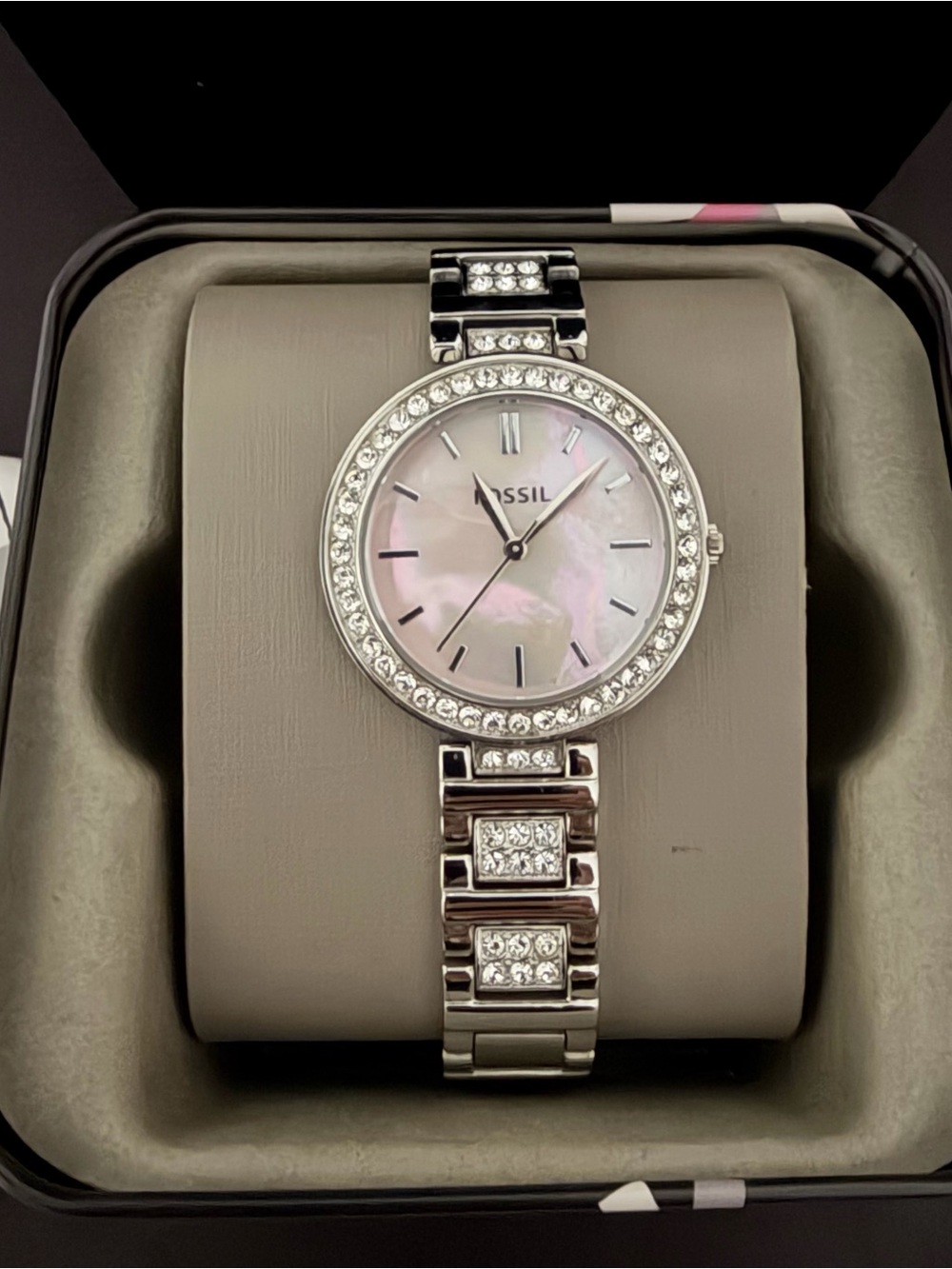 Fossil Silver-Tone Crystal & Mother-of-Pearl Bracelet Watch